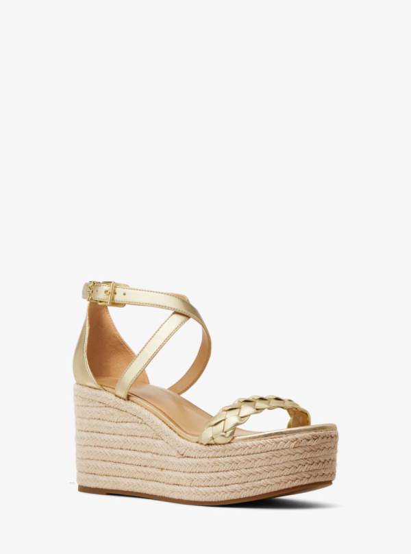 Damske Sandále Michael Kors Serena Metallic Faux Leather Wedge Zlate - Topanky Michael Kors Vypredaj | QKUVD-5491